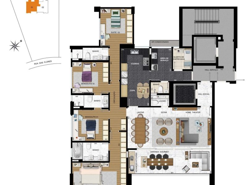 190m - aprto 1 - 2 suites e 2 semisuites