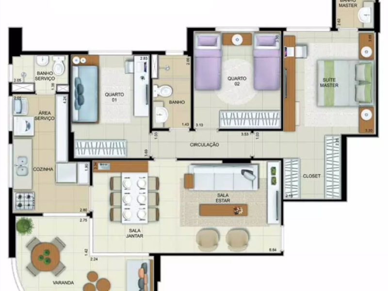 Planta 3 quartos 103m